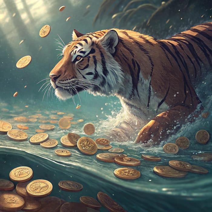 Tiger in Coin Pool - A Unique Visual Experience