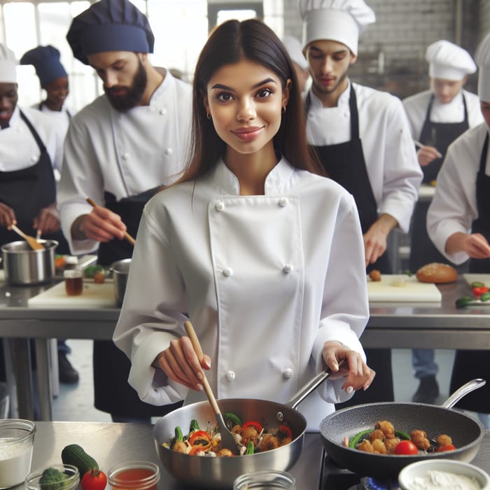 Young Hispanic Female Chef Cooking in Institute Kitchen