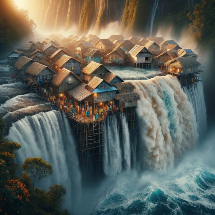 Dramatic Waterfall Village Scene | Powerful 8K Masterpiece