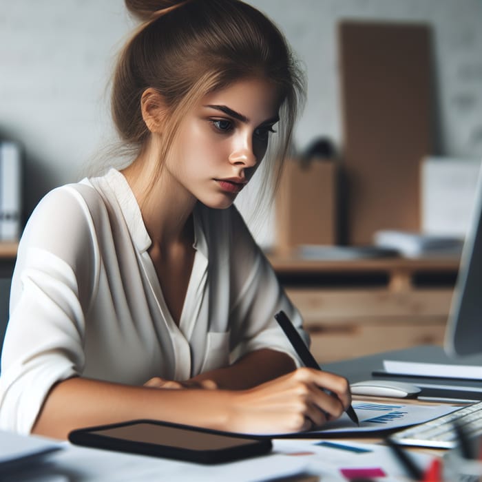 Focused White Girl Working in Office