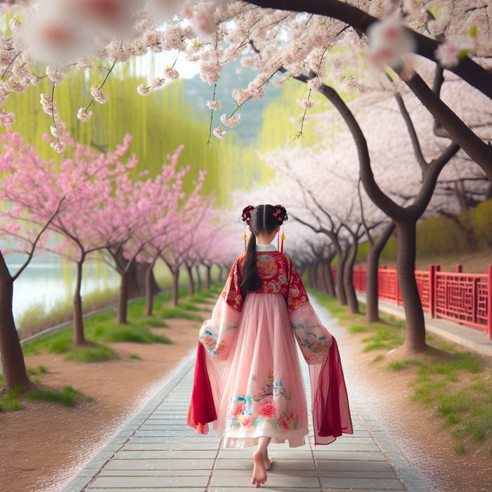 Chinese Girl Barefoot Among Cherry Blossoms