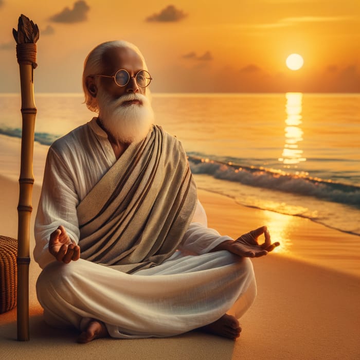 Gandhi Meditating on Tranquil Beach at Sunset