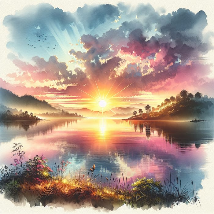 Tranquil Lake Sunrise Watercolor Art