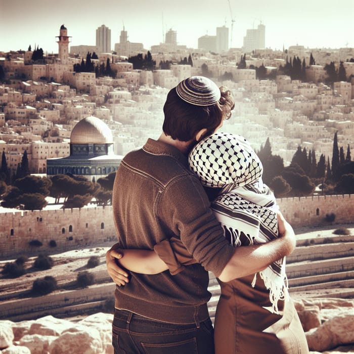 Israeli and Palestinian Embracing in Jerusalem Landscape