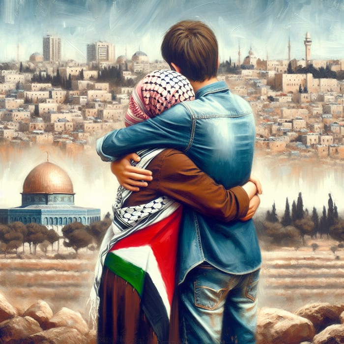 Unity and Peace: Israeli and Palestinian Embrace with Jerusalem in Background