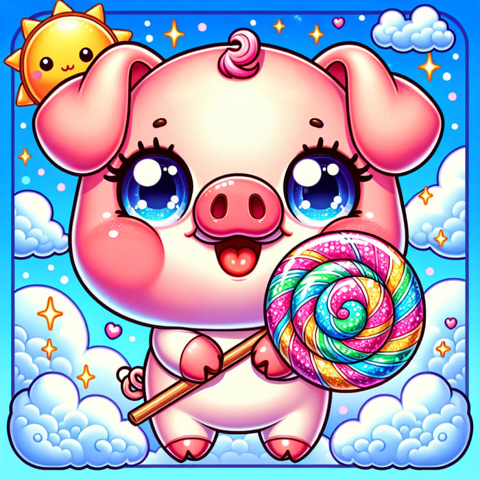 Chubby Pig with Lollipop | Cute Cartoon Baby Piglet in Blue Sky