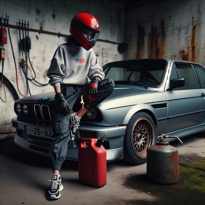 Sportscar Driver in Red Helmet by Rusty BMW with Cigarette and Carnister