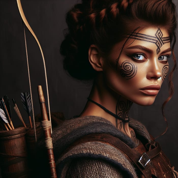 Serious Warrior Woman with Bow and Quiver Ready to Fight