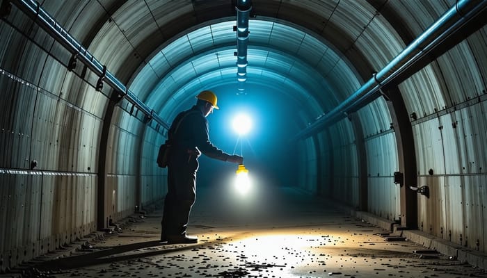 Solitary Engineer in Industrial Tunnel - Shadow and Light