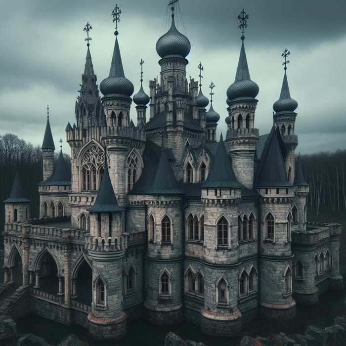 Gothic Russian Castle with Onion Domes - Explore Serene Architectural Fusion