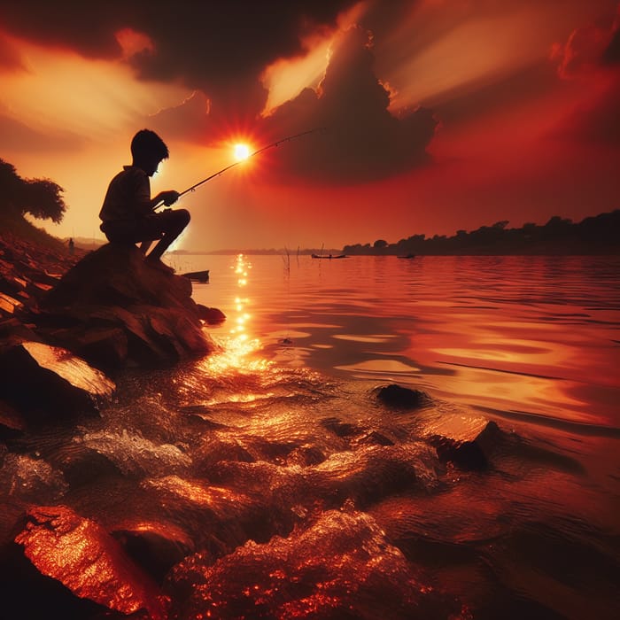 Boy Fishing on Rocks at Sunset | Summer Evening Scene