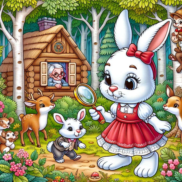 Cartoon White Rabbit in Red Dress Explores with Animal Friends