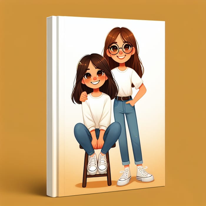 Disney Pixar Cover with Smiling White Girls in White Shirts and Jeans on Mustard Background