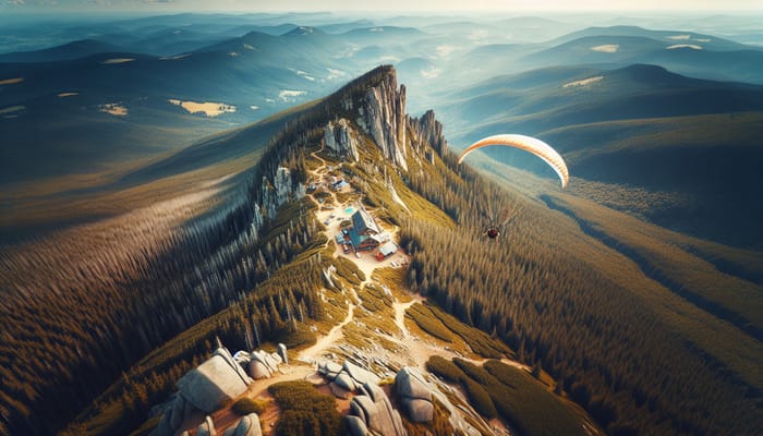 Aerial View of Mountain Shelter on Szrenica in Karkonosze | Paragliding Perspective