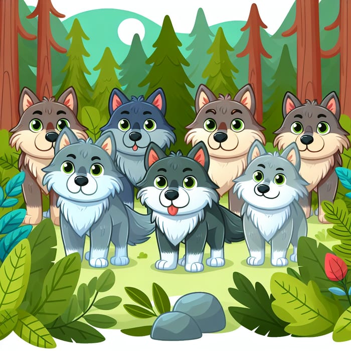 Cartoon Wolves in Forest | Pack of Wolves