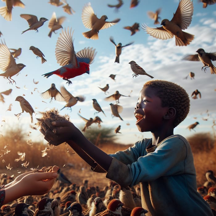 Young African Boy and Girl Playing in Sunlit Field with Colorful Birds