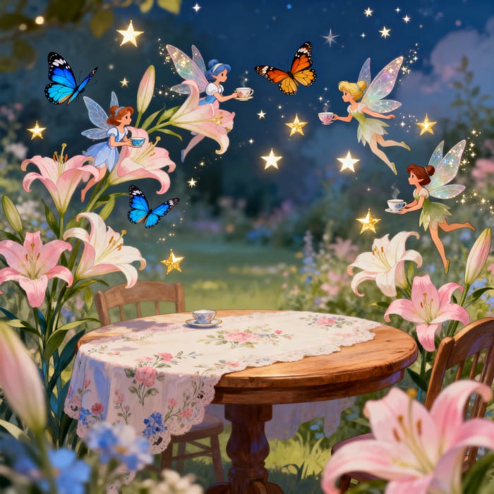 Whimsical Tea Garden with Lily Flowers & Fairies Whimsical Tea Garden with Lily Flowers & Fairies