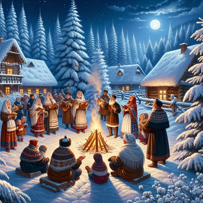 Winter Slavic Traditions: Folklore Festivities in Village Scene