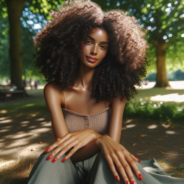 Tranquil Woman with Curly Hair and Red Nails in a Serene Park Setting