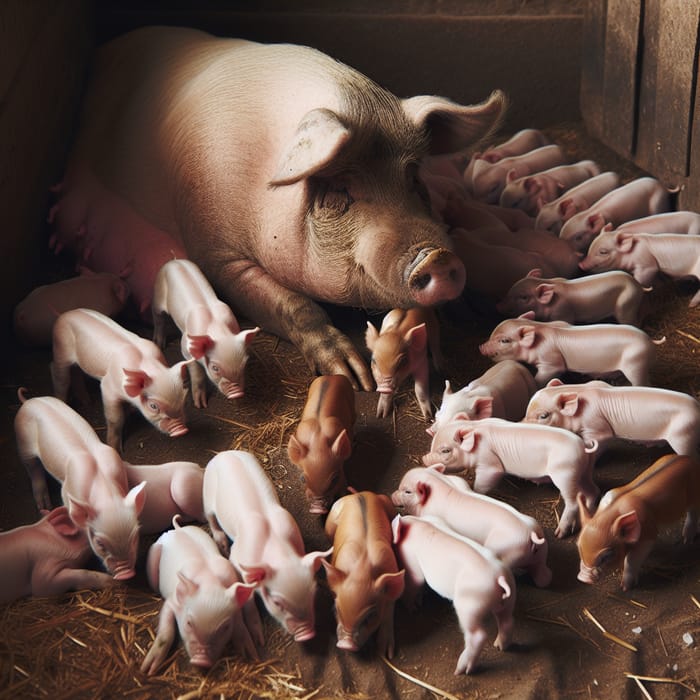 Caring Mother Pig and Her Newborn Piglets