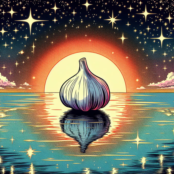 Garlic Floating in Serene Lake at Stunning Sunset | 4K Manga Art