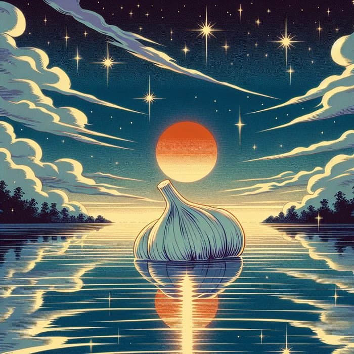 Garlic Floating in Twilight Lake with Stars | Japanese Manga Style