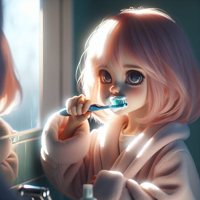 Girl with Big Eyes & Pink Hair Brushing Teeth in Morning Light