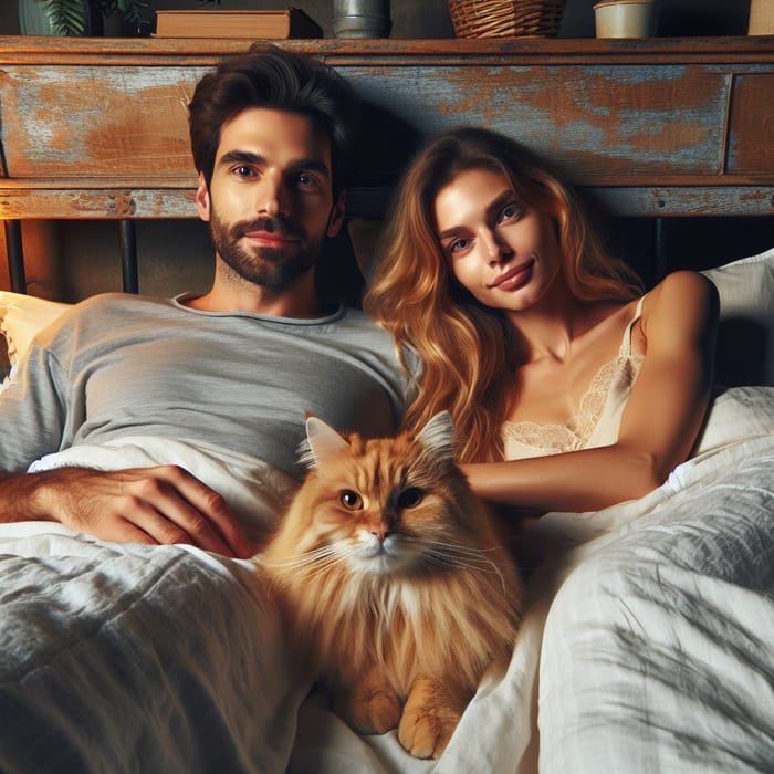 Restful Cozy Scene: Couple in Bed with Orange Cat