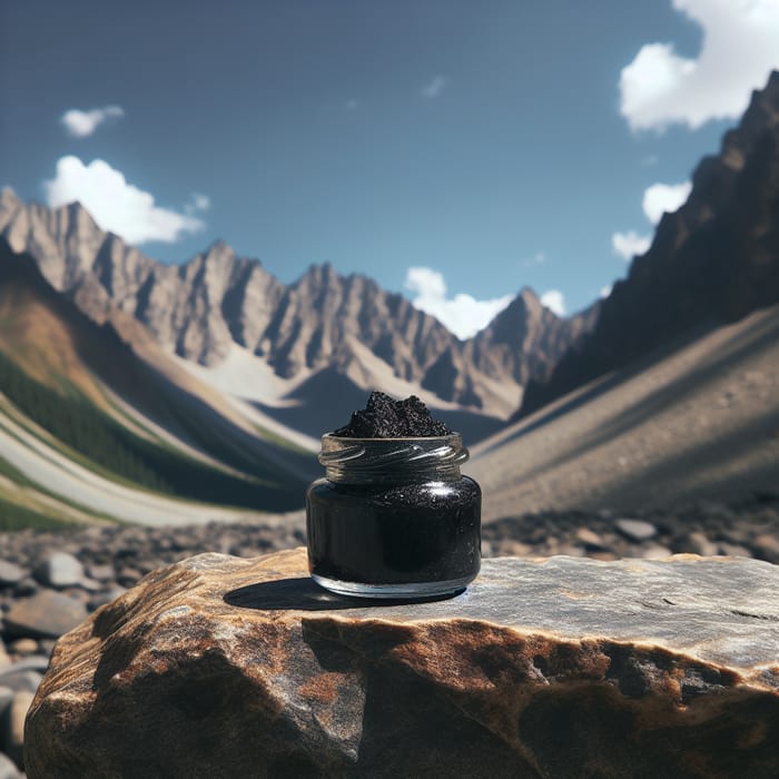 Black Shilajit Jar on Rock Table in Mountains with Resin