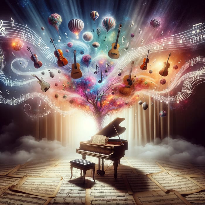 Dreamy Music Image with Grand Piano and Musical Instruments