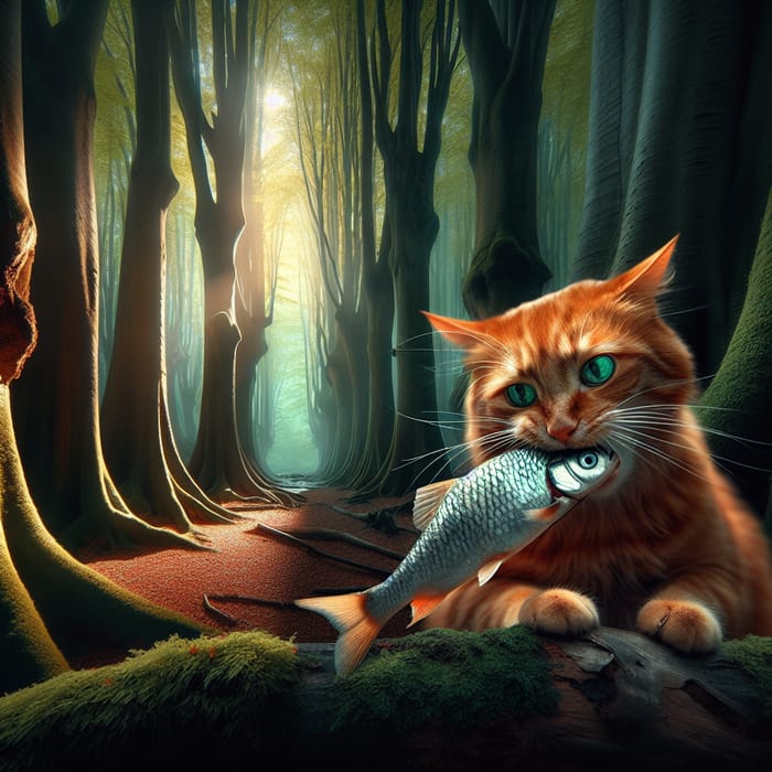 Ginger Cat with Emerald Green Eyes Eating Fish in Enchanted Woods