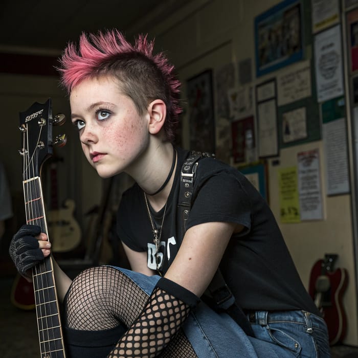 Teen Punk Rock Girl with Guitar and Stylish Look