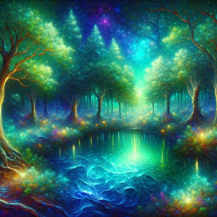 Enchanted Forest with Glowing Lake | Vibrant Art