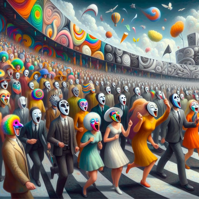 Whimsical Masked Utopia: Surrealistic Society of Vibrant Contrasts