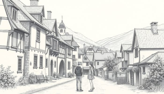 Charming Village Scene in Pencil Drawing Style