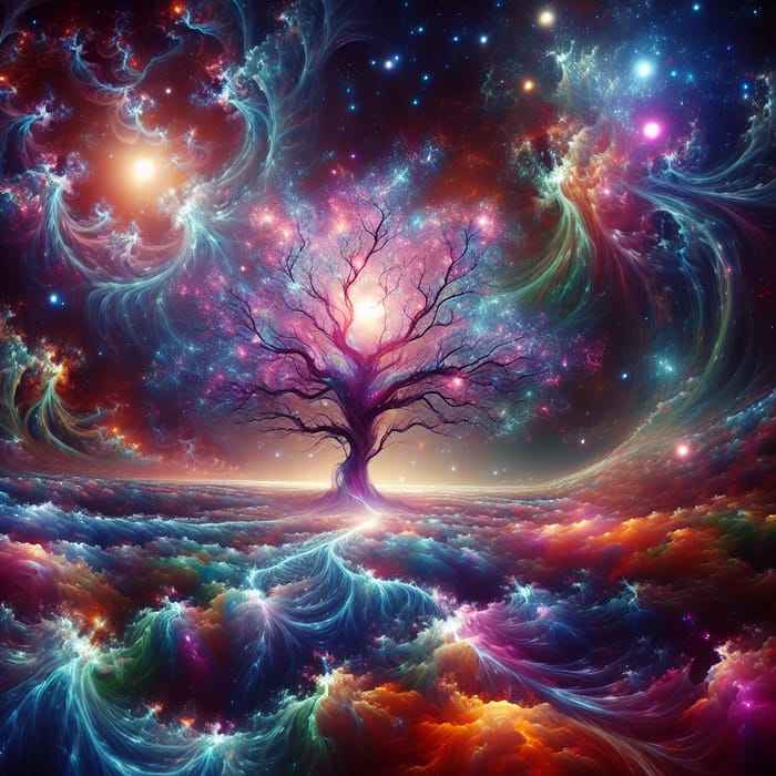 Vibrant Cosmic Tree: Dreamlike Universe in Neon Colors