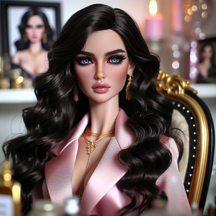 Luxurious Caucasian Fashion Doll with Blue Eyes & Black Hair