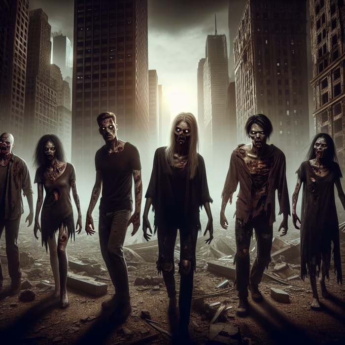 Multi-racial Zombie Horde in Crumbling City at Dusk