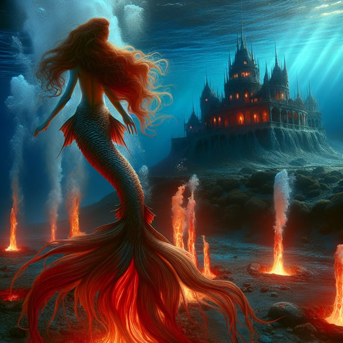 Merman's Dusky Tan Skin & Fiery Tail in Deep Ocean