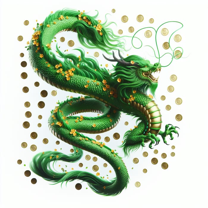 Green Dragon with Long Tail and Coins on White Background