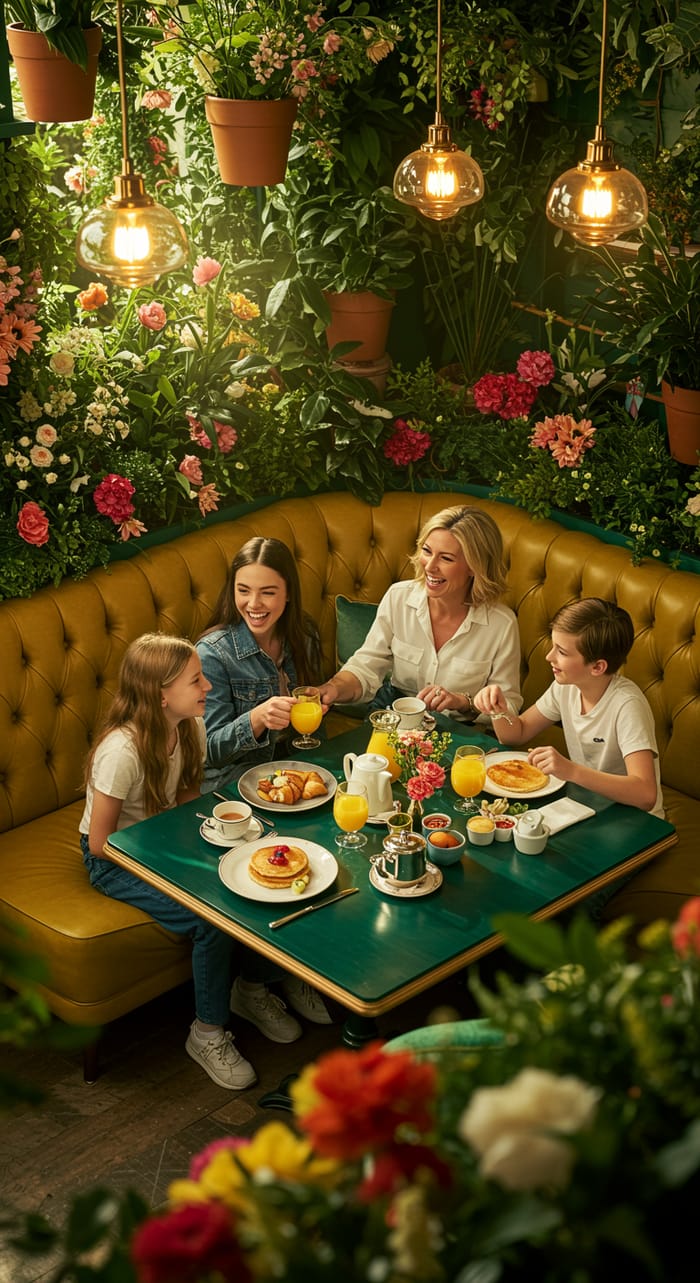 Family Breakfast in Garden-Themed Restaurant Family Breakfast in Garden-Themed Restaurant