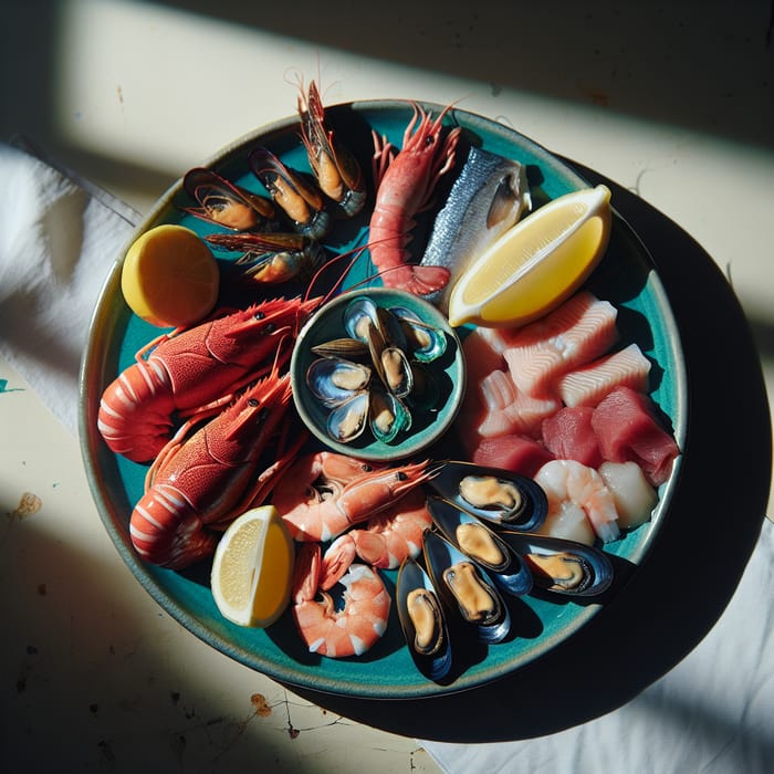 Colorful Fresh Seafood Platter on Teal Plate