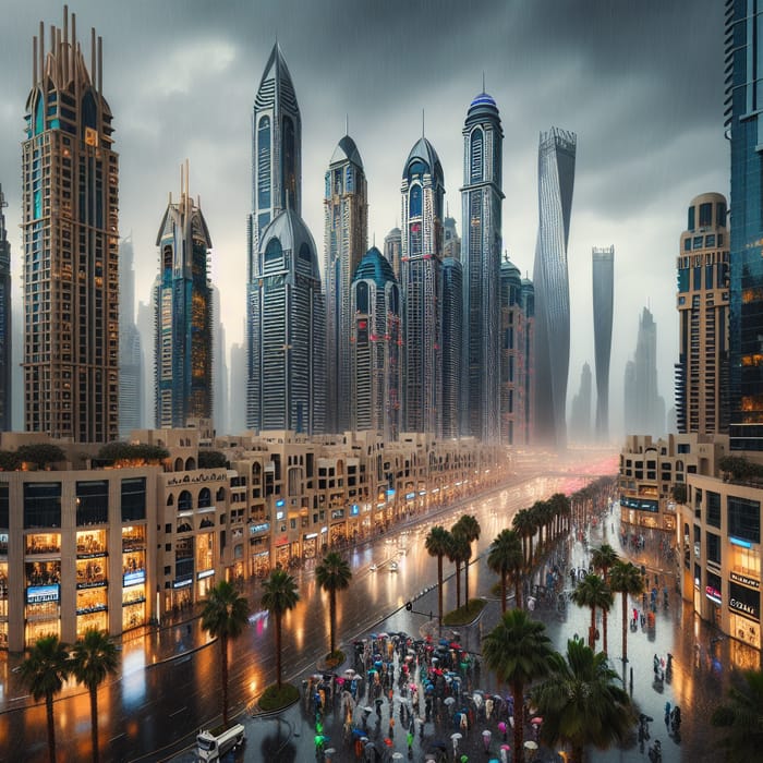 Raining in Dubai: Cityscape View of Gleaming Skyscrapers