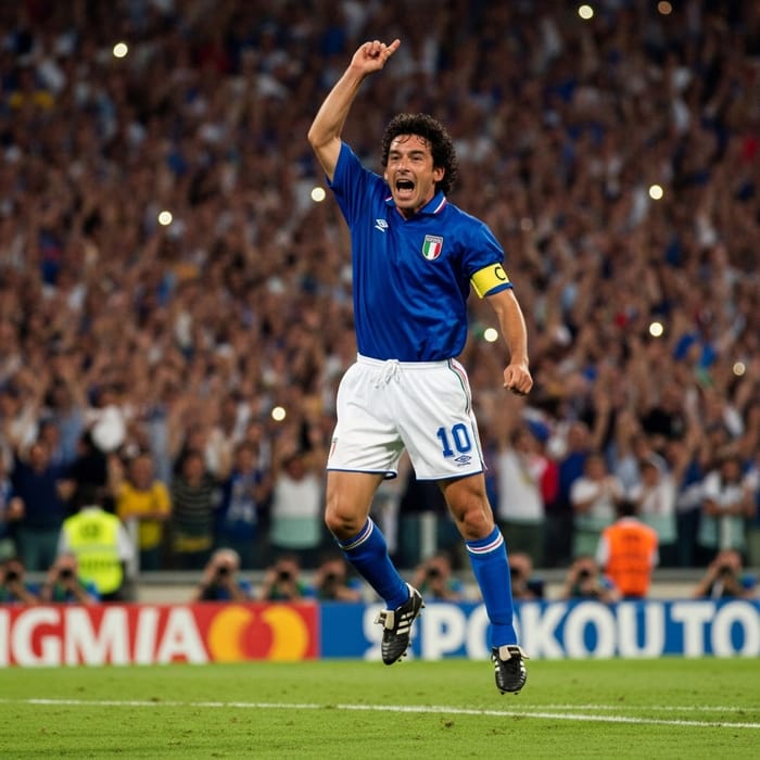 Roberto Baggio Celebrates Goal in Italy Kit Roberto Baggio Celebrates Goal in Italy Kit