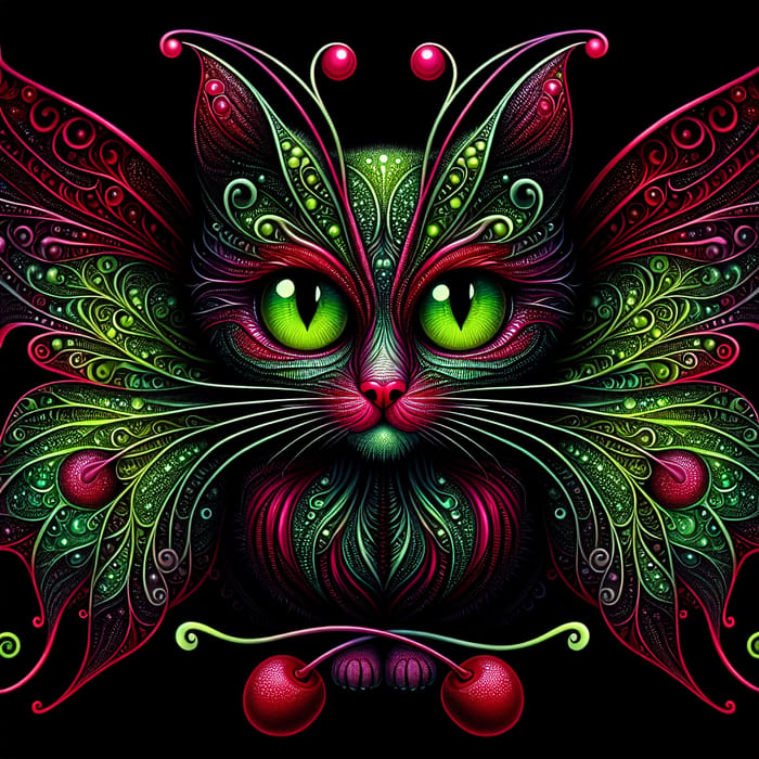 Vivid Cherry Red Cat with Neon Green Eyes and Butterfly Wings