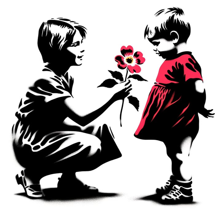 Banksy Style: Child Presents Flower to Mom in Graffiti Art