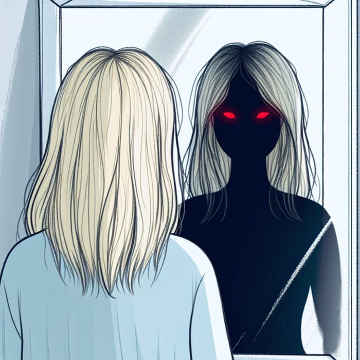 Blonde Girl Standing in Front of Mirror with Red-Eyed Silhouette Drawing Blonde Girl Standing in Front of Mirror with Red-Eyed Silhouette Drawing