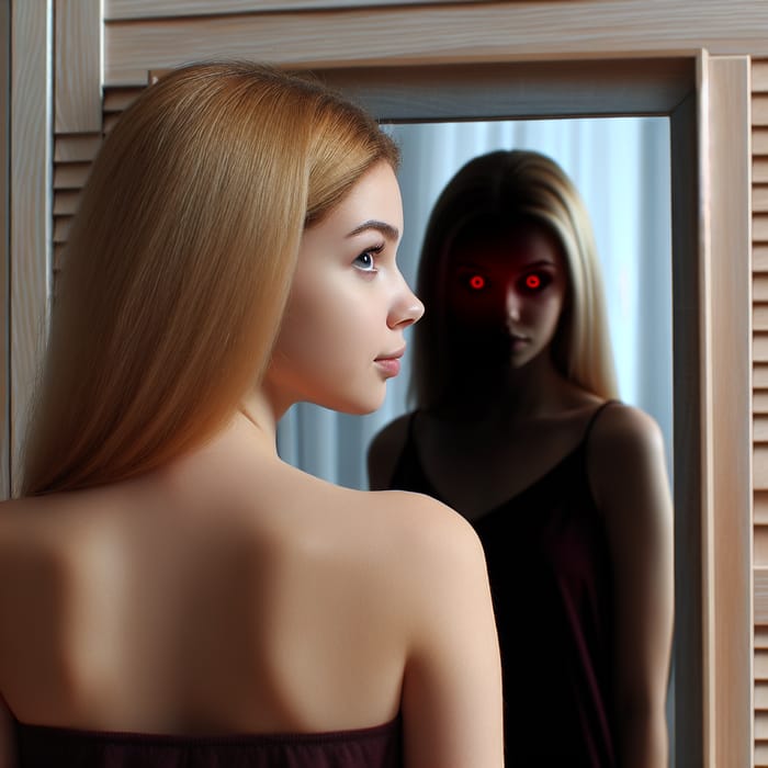 Blonde Woman Reflects with Red Eyes in the Mirror