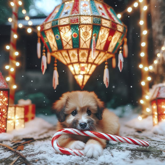 Magical Christmas Parol Scene with Playful Puppy