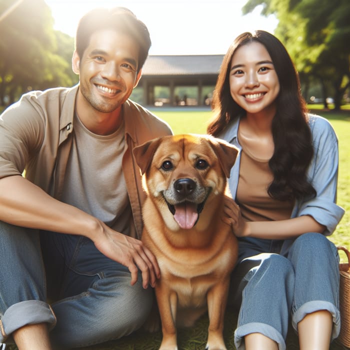 Happy Dog with Owners in Park | Warm and Affectionate Bond